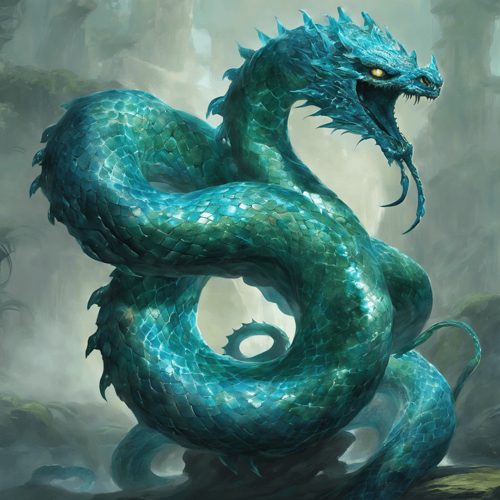 A serpent-like creature with three heads, each crowned with crystalline blue scales that shimmer like water under sunlight. It has long, sinuous bodies coiling like streams, with piercing emerald eyes that gleam with primal intelligence.