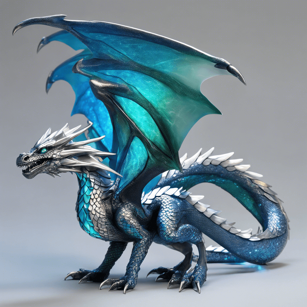 A sleek, serpentine dragon with iridescent scales that shimmer in shades of cerulean and silver. Its wingbeats are silent, and eyes glow with an ethereal light.