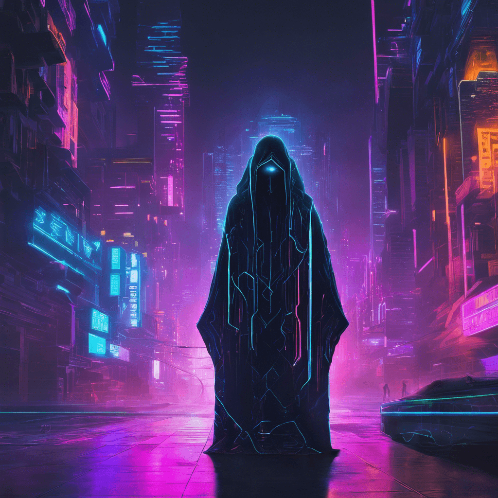 The Neon Spectre is a mysterious figure cloaked in a flickering holographic shroud. Its cybernetic enhancements glow with an eerie neon light, blending in seamlessly with the cityscape of NeoCity. With every step, it leaves behind a trail of digital glitches and distorted reality.