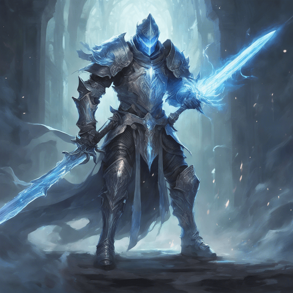 A ghostly knight clad in ethereal armor glowing with faint blue light, wielding a spectral sword that hums with arcane energy.