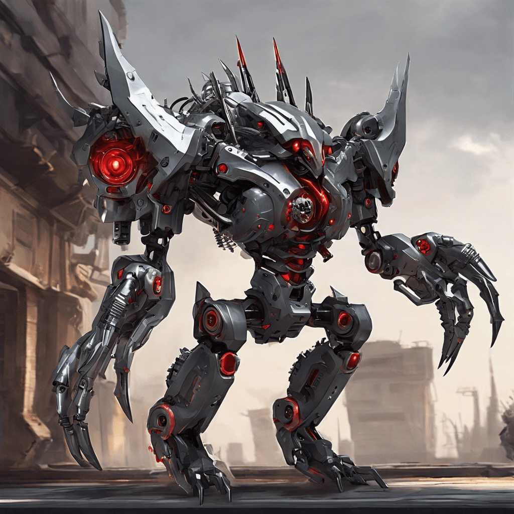 A sleek mechanical beast with gleaming chrome fangs and red sensor eyes. Its body is an amalgamation of gunmetal grey plating and exposed hydraulics, with a spine-mounted railgun that hums with lethal energy.