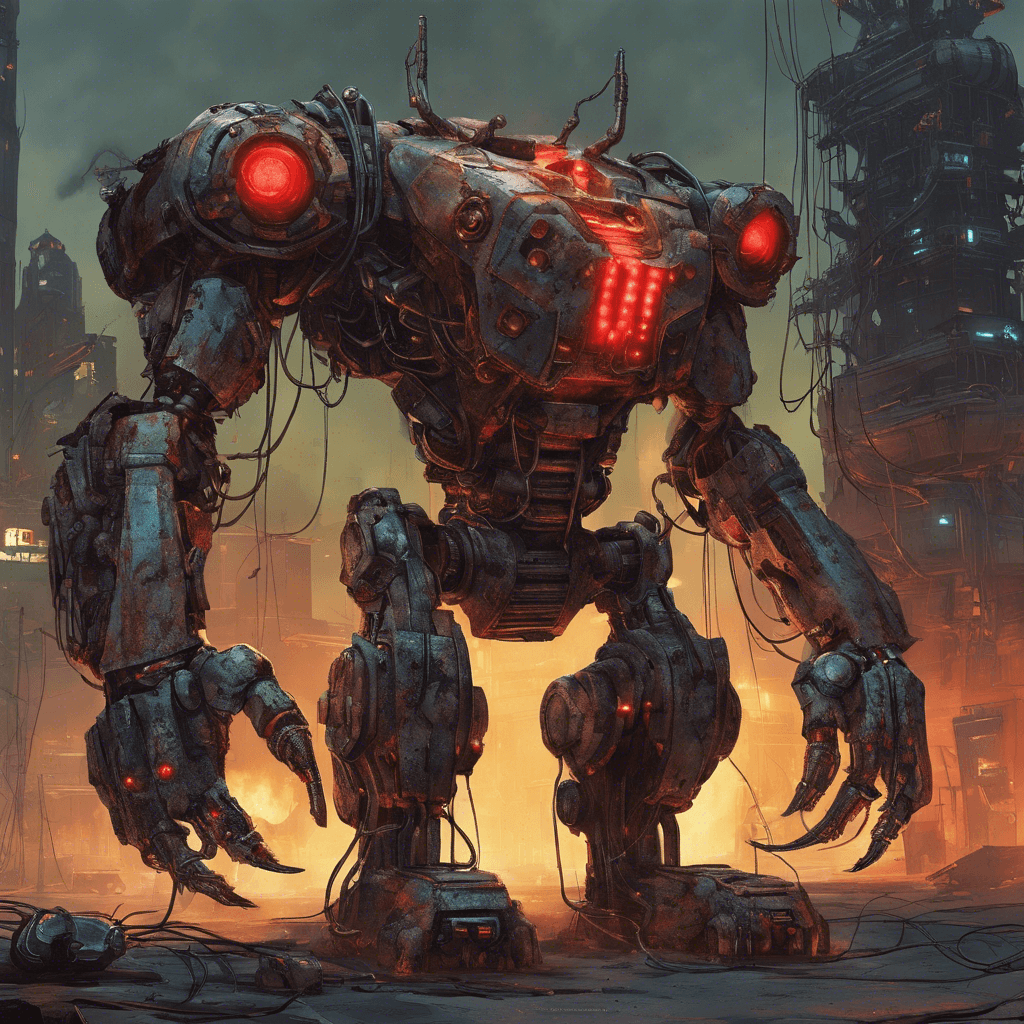 A hulking mass of rusted metal and flickering screens, the Cybernetic Behemoth lumbers on piston-powered legs. Cables snake along its arms, ending in deadly, drill-like appendages. Its singular, glowing red eye scans for intruders mercilessly.