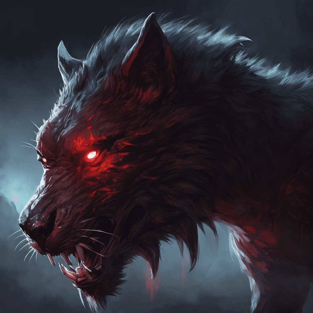 A large predatory beast, its fur as dark as the night itself, eyes glowing crimson. It moves with supernatural silence and has fangs that seem to absorb the light around them.