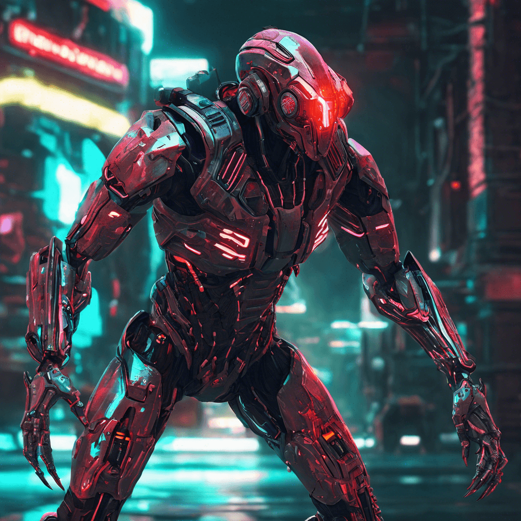 The Cybernetic Enforcer is a heavily augmented humanoid, with glowing red cybernetic eyes and metallic limbs. Its body is adorned with various cybernetic enhancements, giving it enhanced strength and speed. It emits a low hum of power as it scans its surroundings for threats.