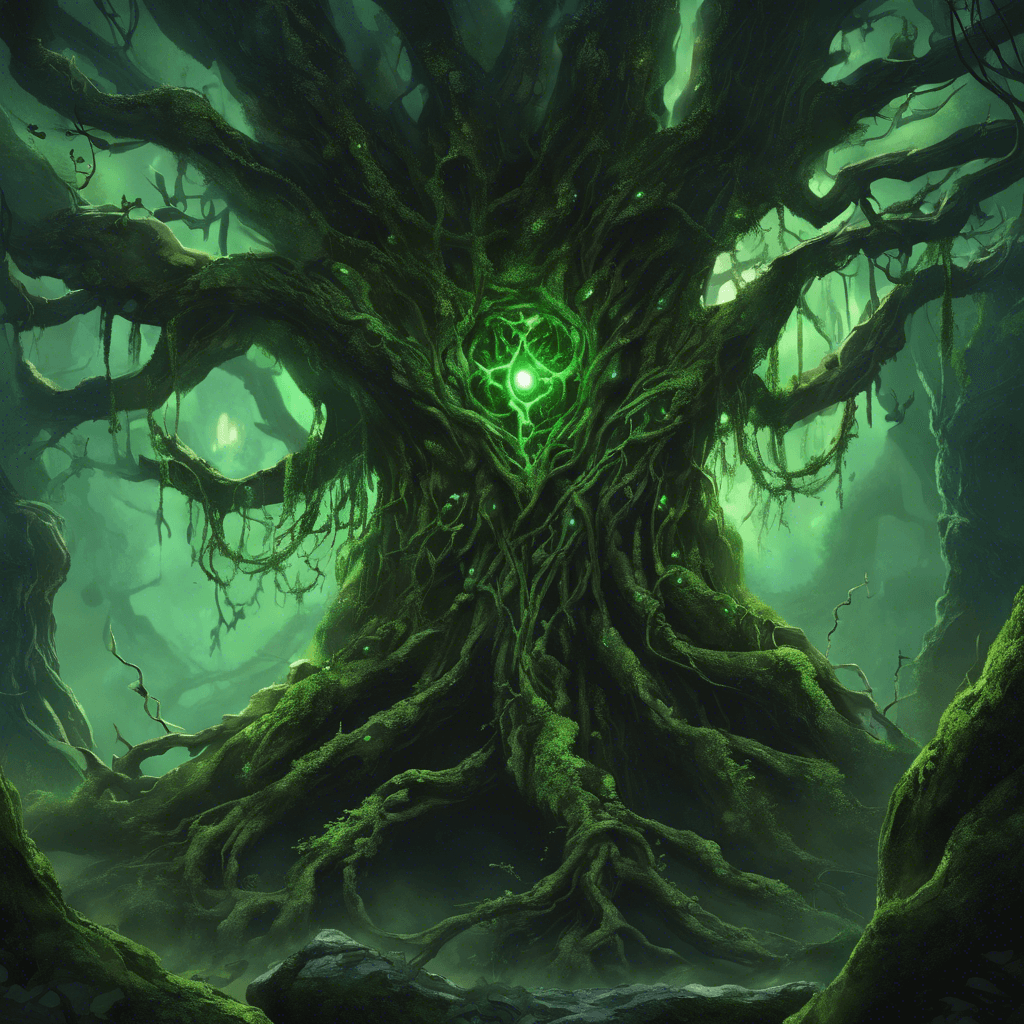 A colossal tree-like creature with twisting bark, glowing ancient runes, and thorny vines for limbs. Its eyes are deep knots that shine with a malevolent green light, and moss drapes over its gnarled form like a cloak.