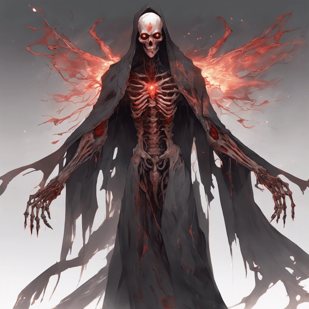 A translucent figure with glowing red eyes, wearing tattered robes that flutter without wind. Its long, skeletal hands crackle with arcane energy.