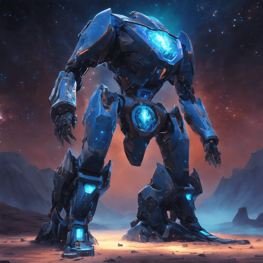 A towering robotic entity, the Nebula Sentinel glows with an internal blue light. Its body is sleek, yet angular, resembling ancient armor with a shimmering nebular essence at its core.