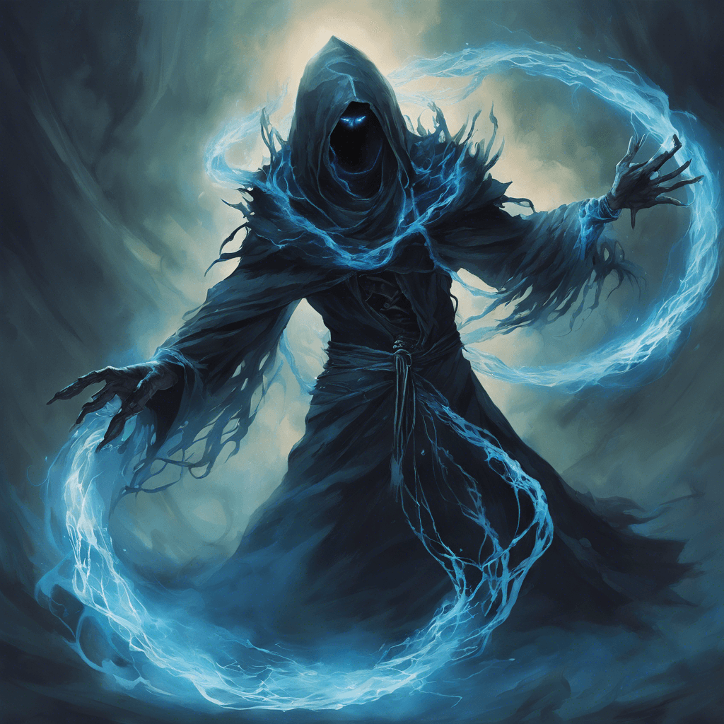 The Ether Drifter is a wraith-like entity composed of swirling, dark mist. Ethereal chains clank as they orbit its form. Its eyes burn with a spectral blue flame, and it wields a long, jagged blade that seems to be forged from shadows themselves.