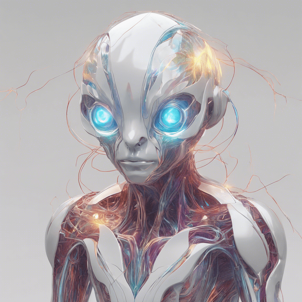 A semi-transparent entity, humanoid in shape with fluctuating edges. It appears to be made of light and energy, pulsating with different colors. Its eyes are two bright orbs, and it moves silently as if not bound by the same physical laws.