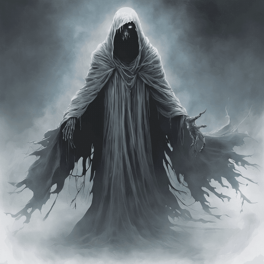 The Wraith is a ghostly figure with hollow eyes and tattered robes, emanating an icy chill. It floats silently through the air, leaving a trail of flickering shadows in its wake. Its presence fills the room with dread and despair.