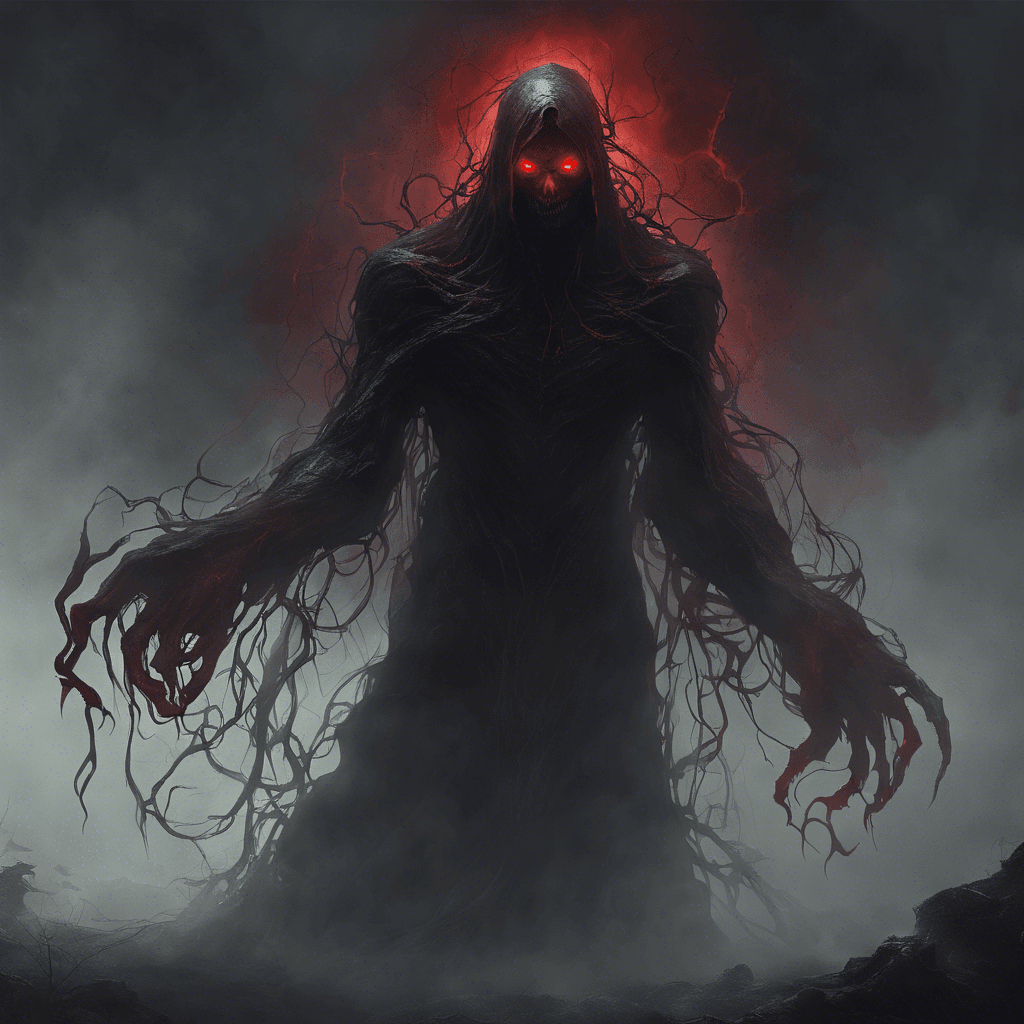 A ghastly figure shrouded in dark mists, with gleaming red eyes that betray a malice beyond the grave. Its tendrils of shadow reach out hungrily toward any lifeforce it encounters.