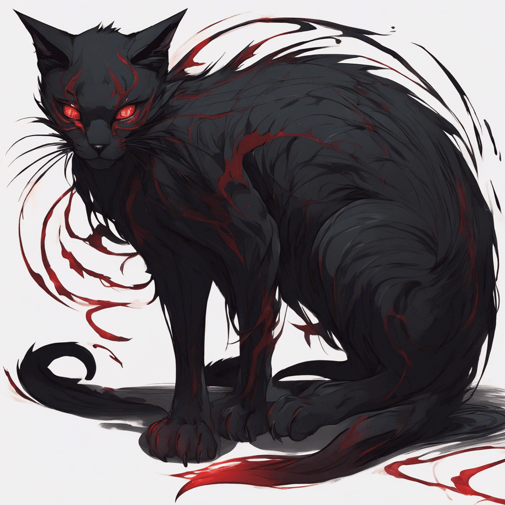 A feline creature shrouded in darkness, with piercing red eyes, needle-sharp claws, and wisps of shadow swirling around its sleek body.