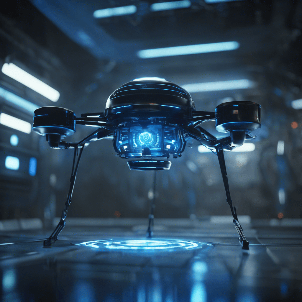 The Voidwalker Drone is a sleek, metallic entity with glowing blue circuit patterns running along its surface. It hovers effortlessly in the zero-gravity environment of the space station, emanating an eerie aura of unknown energy. Its multiple sensor arrays and modular appendages suggest advanced technology and formidable capabilities.