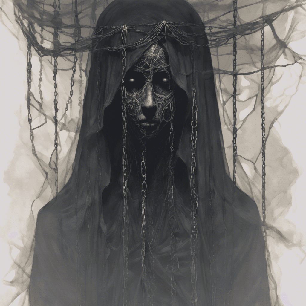 A translucent figure draped in tattered funeral garments, hovering inches above the ground. Its face is obscured by a dark veil, and ethereal chains clink softly as it moves. The eyes that peek from beneath the veil glow with a sorrowful, ominous light.