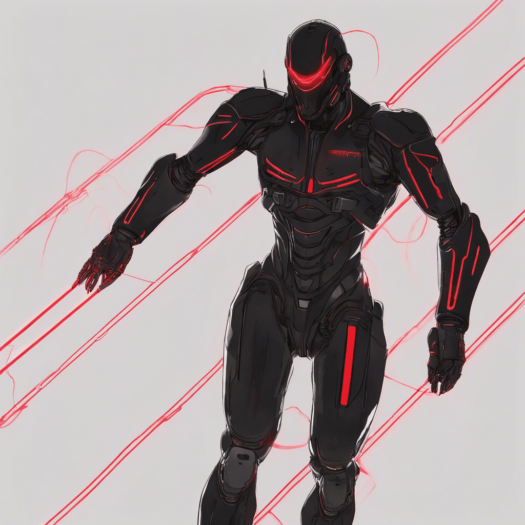 A humanoid figure clad in a black stealth suit, with minimalist red neon lines tracing its contours. Its face obscured by a helmet with a glowing visor, armed with an arm-mounted plasma cutter, a hacking device and exoskeleton-powered limbs.