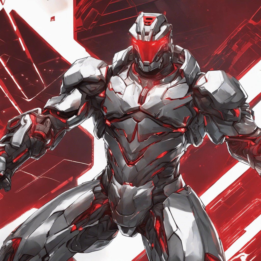 A towering figure armored in sleek, reflective cyber-plating, the Nexus Enforcer's red optical visor scans for threats. Mechanical muscles cords surge with electrical energy.