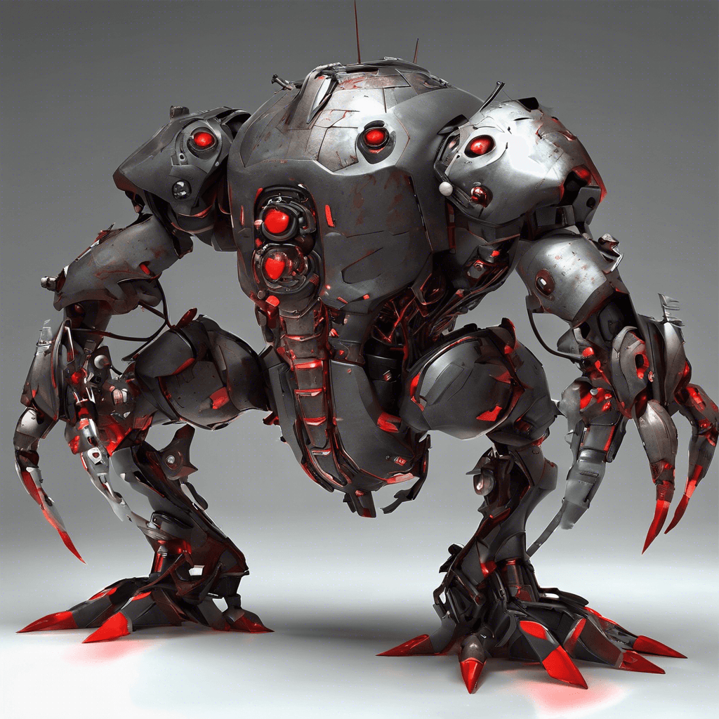 The Mechano Saboteur is a menacing android-like creature, sleek and metallic, with glowing red eyes that seem to pierce through any darkness. It moves with precision and agility, its cybernetic limbs capable of swift and deadly strikes. Its body is covered in hidden compartments filled with gadgets and tools for sabotage.