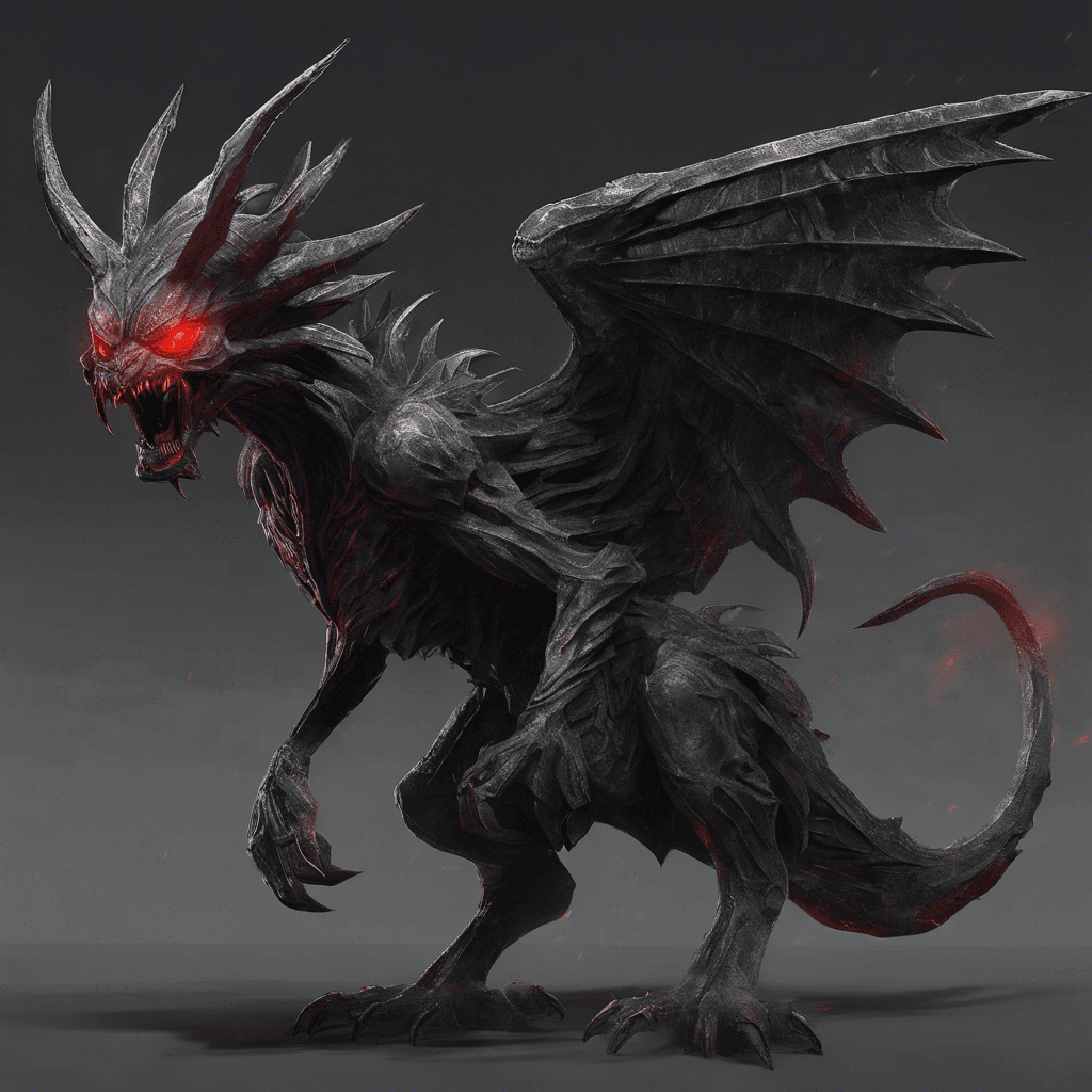 A large winged creature carved from dark grey stone, with sharp claws, menacing glowing red eyes, and an almost devilish sneer etched onto its face. It sits motionless, but exudes a palpable aura of malevolent intent.