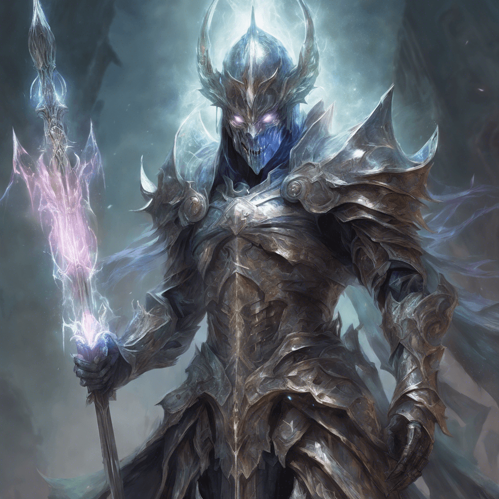 A towering figure clad in ethereal armor shimmering with a spectral aura, its helmet's visage twisted with torment, wielding a ghostly blade that sings with the wails of the damned.