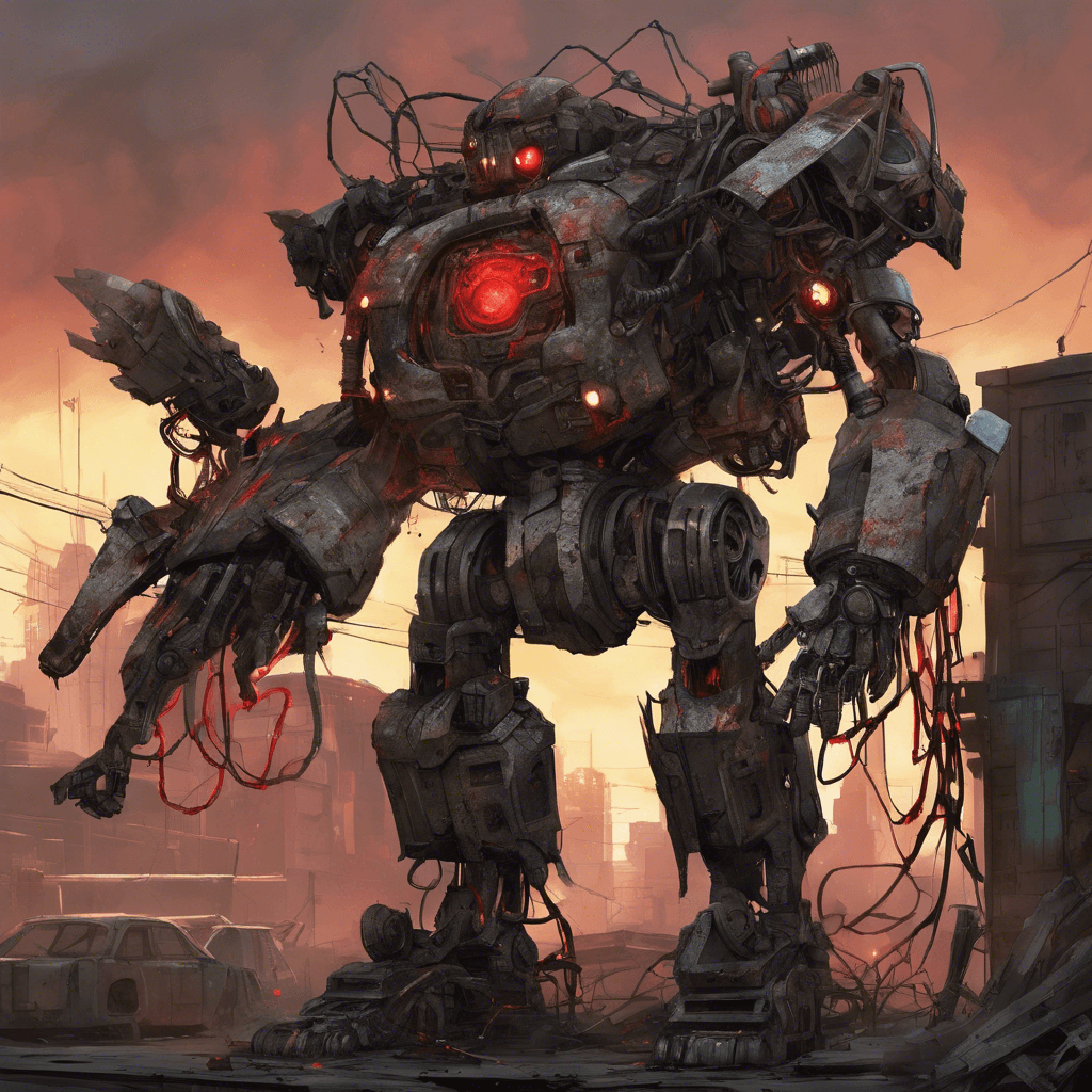 A towering amalgam of twisted metal and pulsing cybernetics, The Scrap Sentinel stands guard over the secrets of the past. It wields a pair of electrified whips that crackle with raw energy, and its singular, glowing red eye scans for intruders. Its metallic body is patched with scraps from a thousand dead machines, giving it an imposing and formidable appearance.