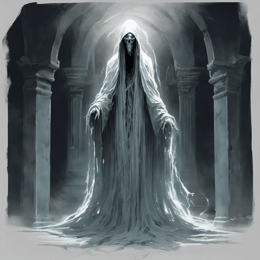 A spectral figure drifts from the Forgotten Crypt, its translucent form flickering like a candle in the wind, ethereal robes tattered and torn, and empty eye sockets that emanate a cold and bitter malevolence.