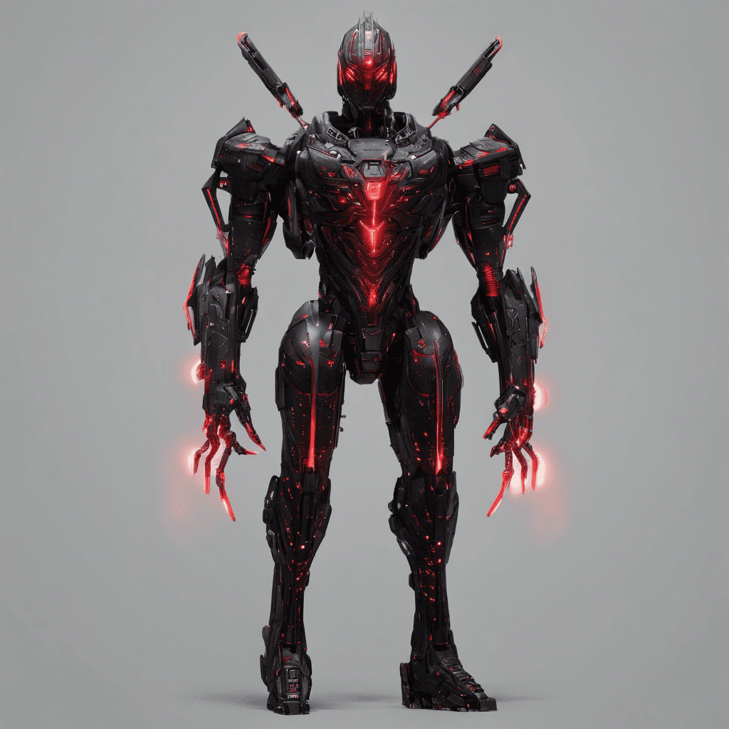 A towering figure, adorned with glowing red optics across its dark visor. Razor-sharp cybernetic appendages replace its arms, and its body is clad in matte black reinforced armor with pulsating circuit patterns.