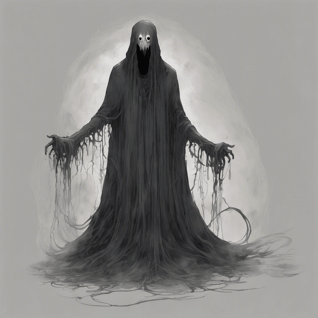 A translucent, cloaked figure, with hollow eyes and a gaping mouth, its form flickering like an old, silent film. Tendrils of mist coil around it as it floats above the ground, exuding a cold, malevolent presence.