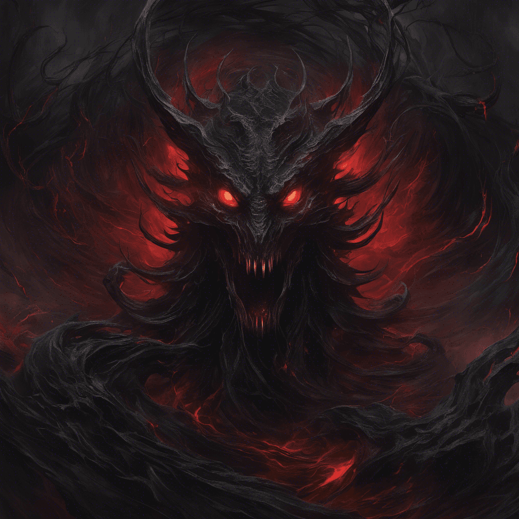 A swirling mass of darkness with glowing red eyes, tendrils of black mist extending from its core as it moves with sinister grace.