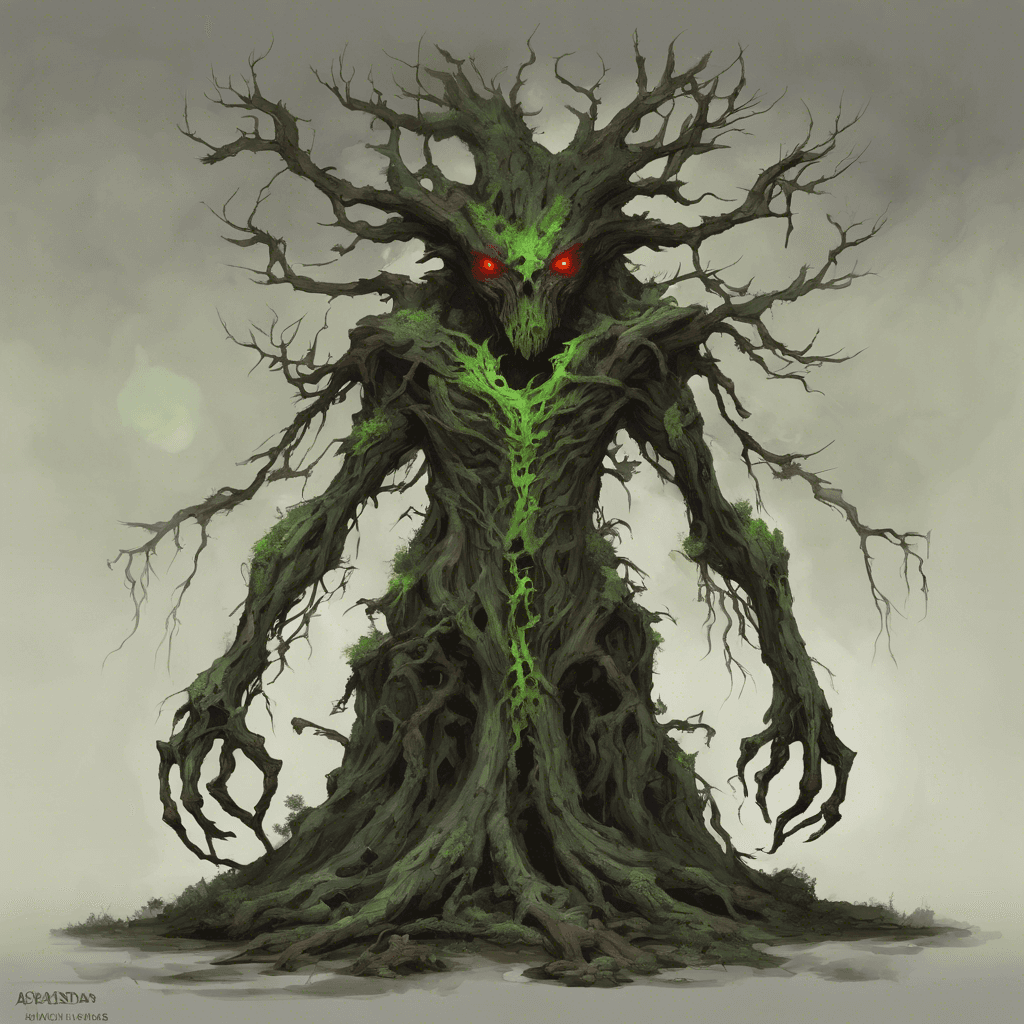 A towering treant with a twisting torso of blackened bark and piercing crimson eyes. Its gnarled limbs are adorned with a calcified growth resembling bones, and it radiates a sickly green aura of decay.