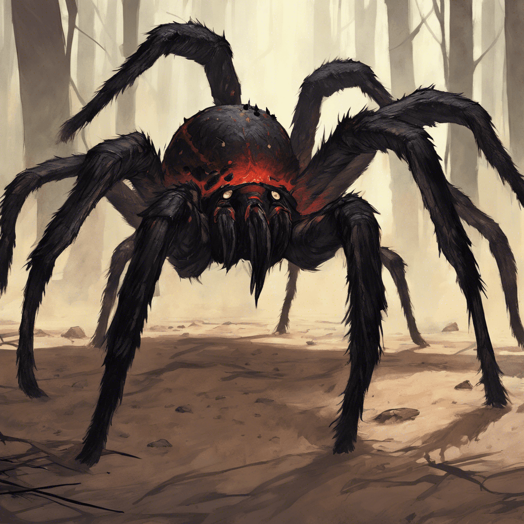 A mammoth spider, black as night, with eyes that glimmer like red-hot coals in the faint light of the miners' lanterns. Its hairy legs are poised to strike, venom dripping from its giant fangs.