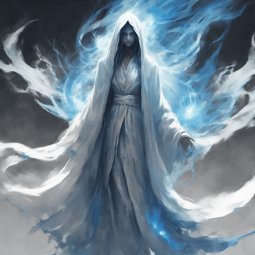 A semi-transparent entity floats before you. Its tattered robe is frayed, drifting in an unfelt wind. Its blue-white essence flickers like a cold flame, and its eyes are two empty voids filled with a haunting glow.