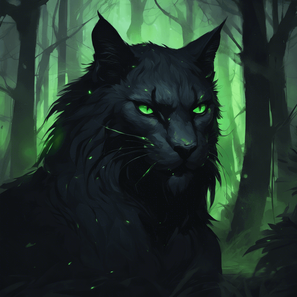 A large feline creature with sleek black fur and luminescent green eyes. Its claws and fangs glint in the falling darkness, and it moves with lethal grace through the shadows of the forest