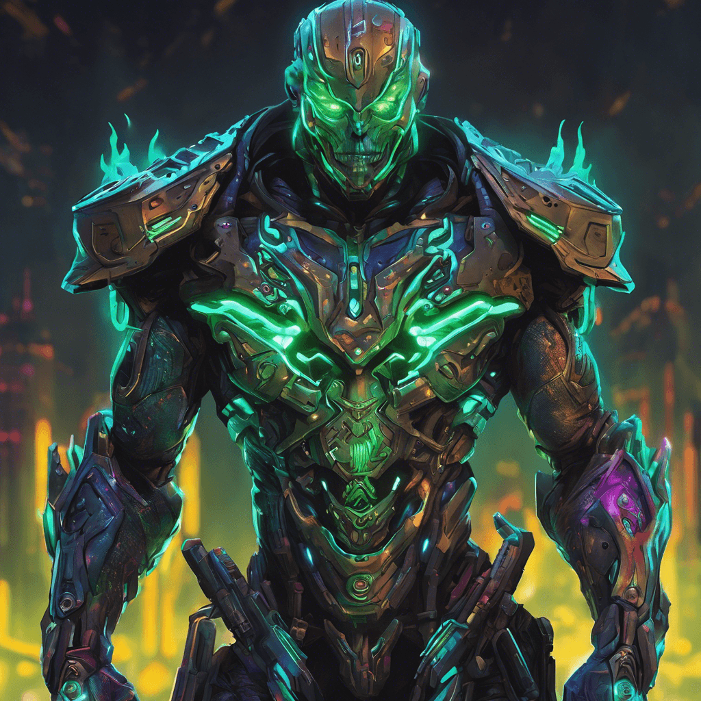 A towering figure clad in an armored exoskeleton, neon tattoos glowing across his metallic skin, eyes enhanced with thermal vision, and hands transformed into lethal monomolecular blade weapons.