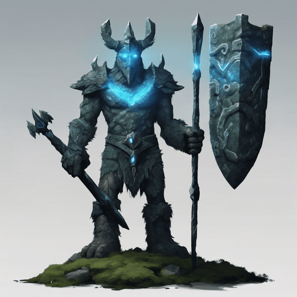 A colossal stone guardian with glowing runes across its body, a large, moss-covered shield in one arm, and a sword made of hardened obsidian in the other. Its eyes emit a faint blue light, indicating ancient and powerful enchantments.