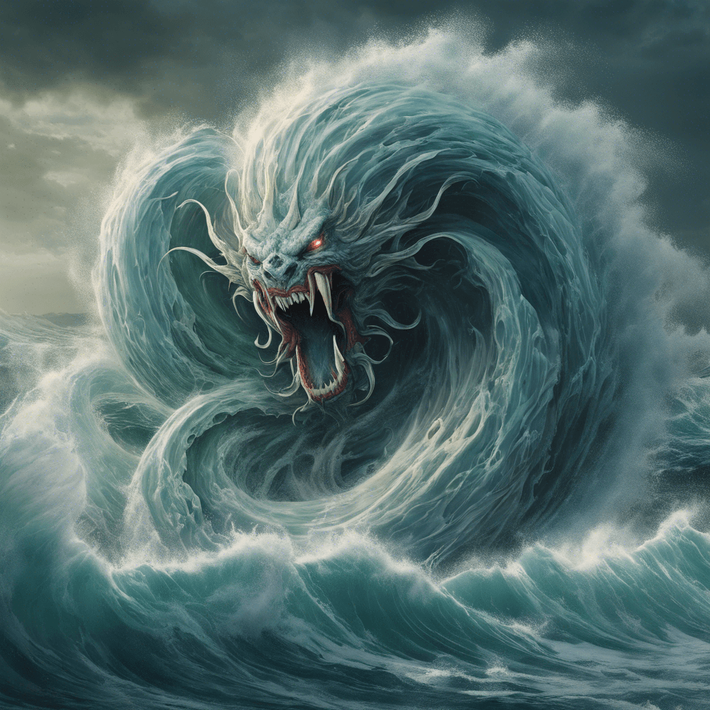 A massive elemental being formed entirely of churning, roiling water. The Tidal Terror has a swirling vortex for its core, and powerful tidal waves form its limbs. Its cresting wave-head resembles the snarling face of a sea beast.