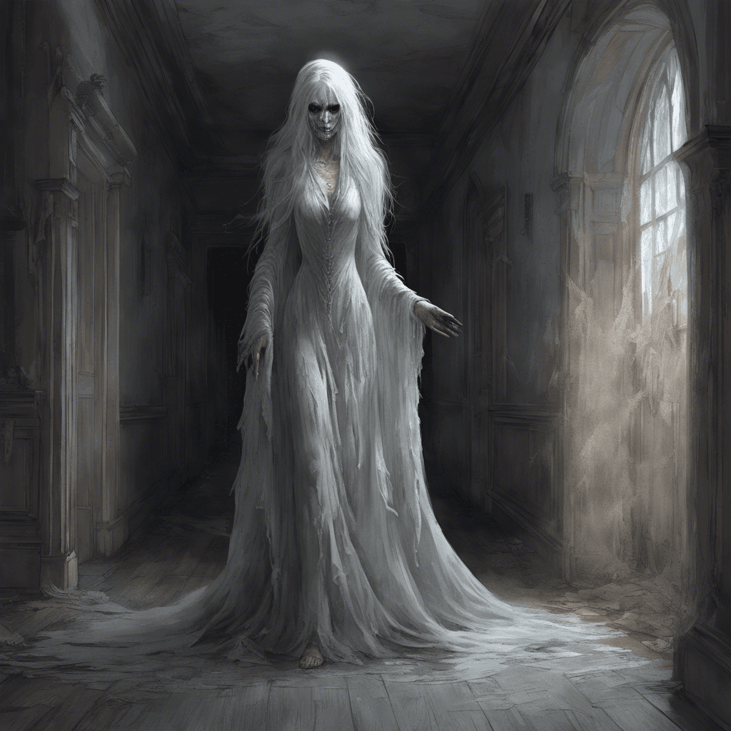 A ghostly figure clad in tattered, once-elegant garments, the Wraith of Lady Ashen drifts through the corridors of the manor with an unearthly grace. Her pale visage is frozen in a perpetual expression of sorrow, her eyes gleaming with a malevolent light.