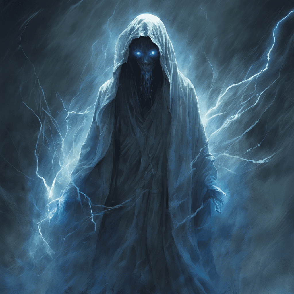 A ghostly figure, shrouded in tattered robes that flutter though there is no wind. Its eyes glow with a haunting blue light, and its hands crackle with the energy of a storm.