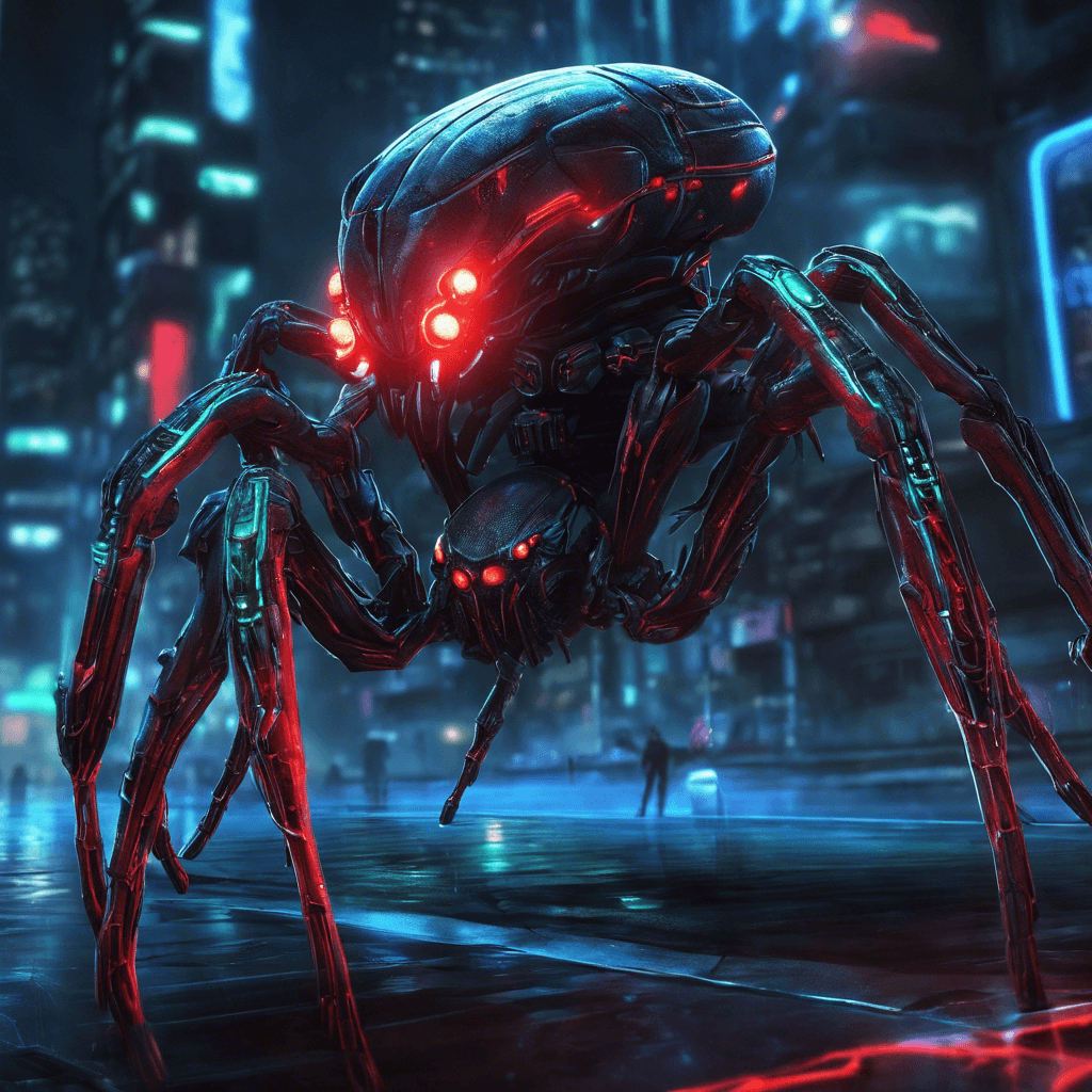 The Neon Crawler is a cybernetic enemy that resembles a humanoid spider, with neon lights pulsing through its metallic limbs. Its glowing red eyes scan the area, and sharp metal appendages extend from its body, ready to strike at any moment.