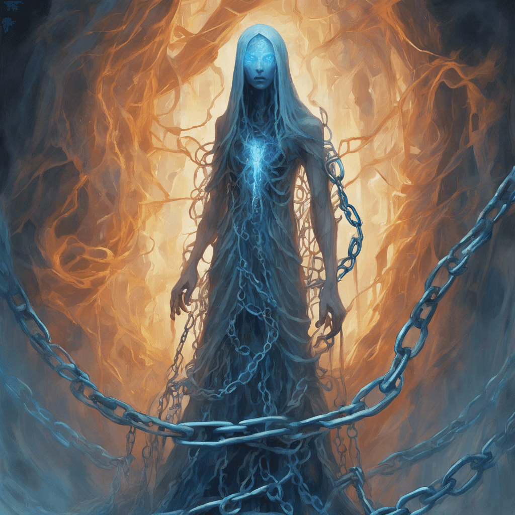 A towering figure shrouded in ethereal chains, with hollow eyes that burn with a ghostly blue fire.