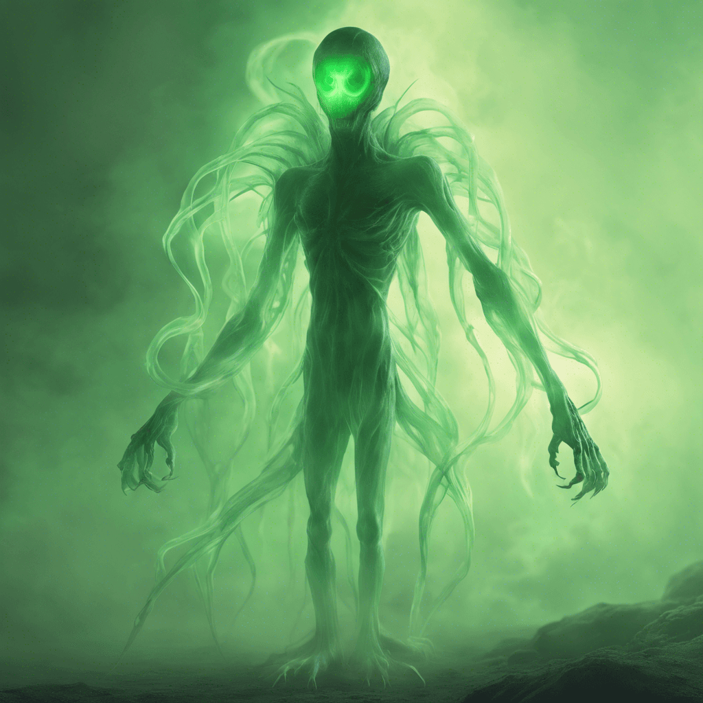 A translucent figure with a swirling mist for a body, elongated arms that end in claw-like appendages, and two hollow eyes that glow with a malevolent green light. Its movement is silent and it seems to drift slightly above ground, as if untouched by the world's physical laws.