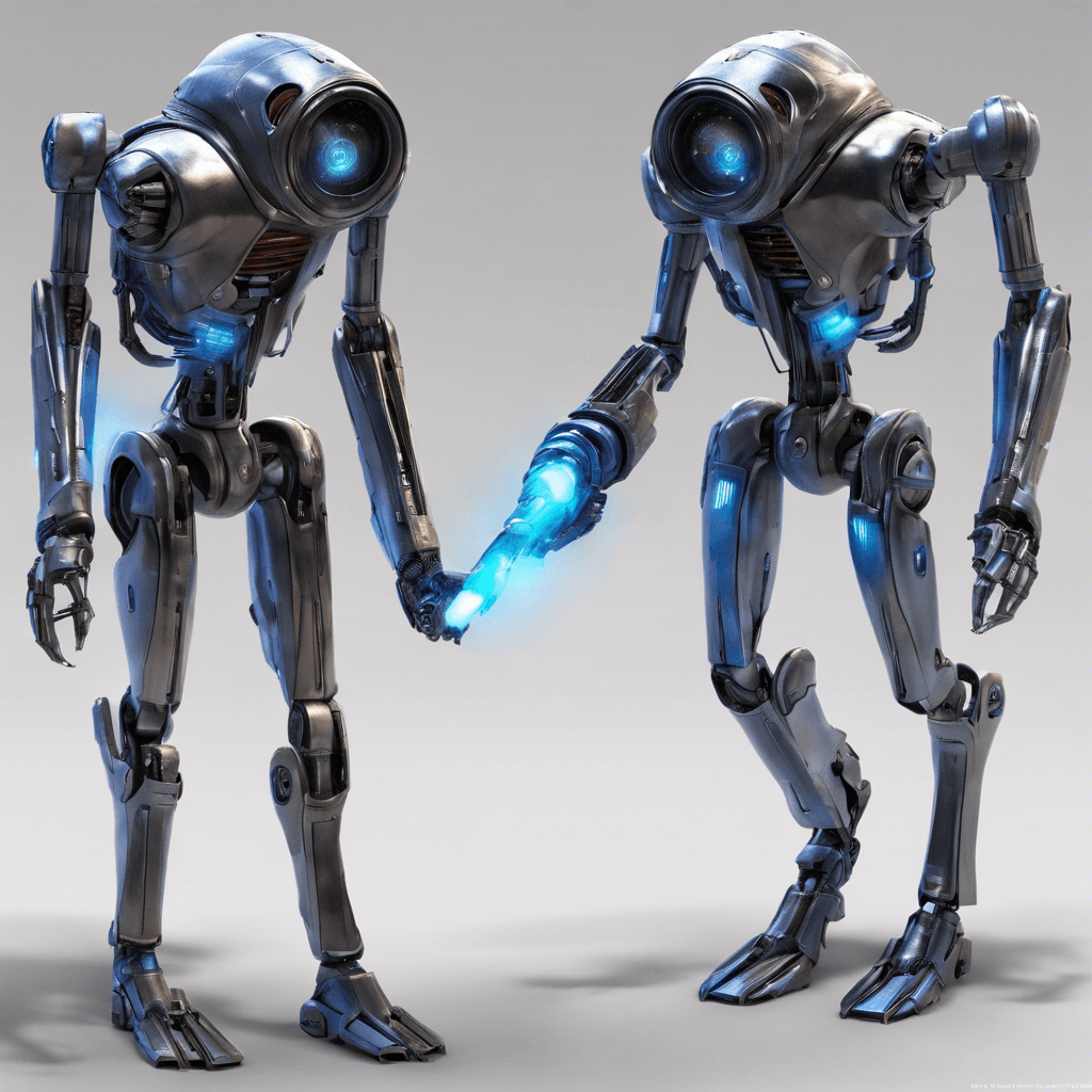 The droid possesses a sleek, humanoid shape with a high-gloss metallic finish. Its eyes are glowing blue lenses, and it moves with a smooth, deliberate grace. There are visible weapons attached to its arms, including a plasma blaster and a retractable energy blade.