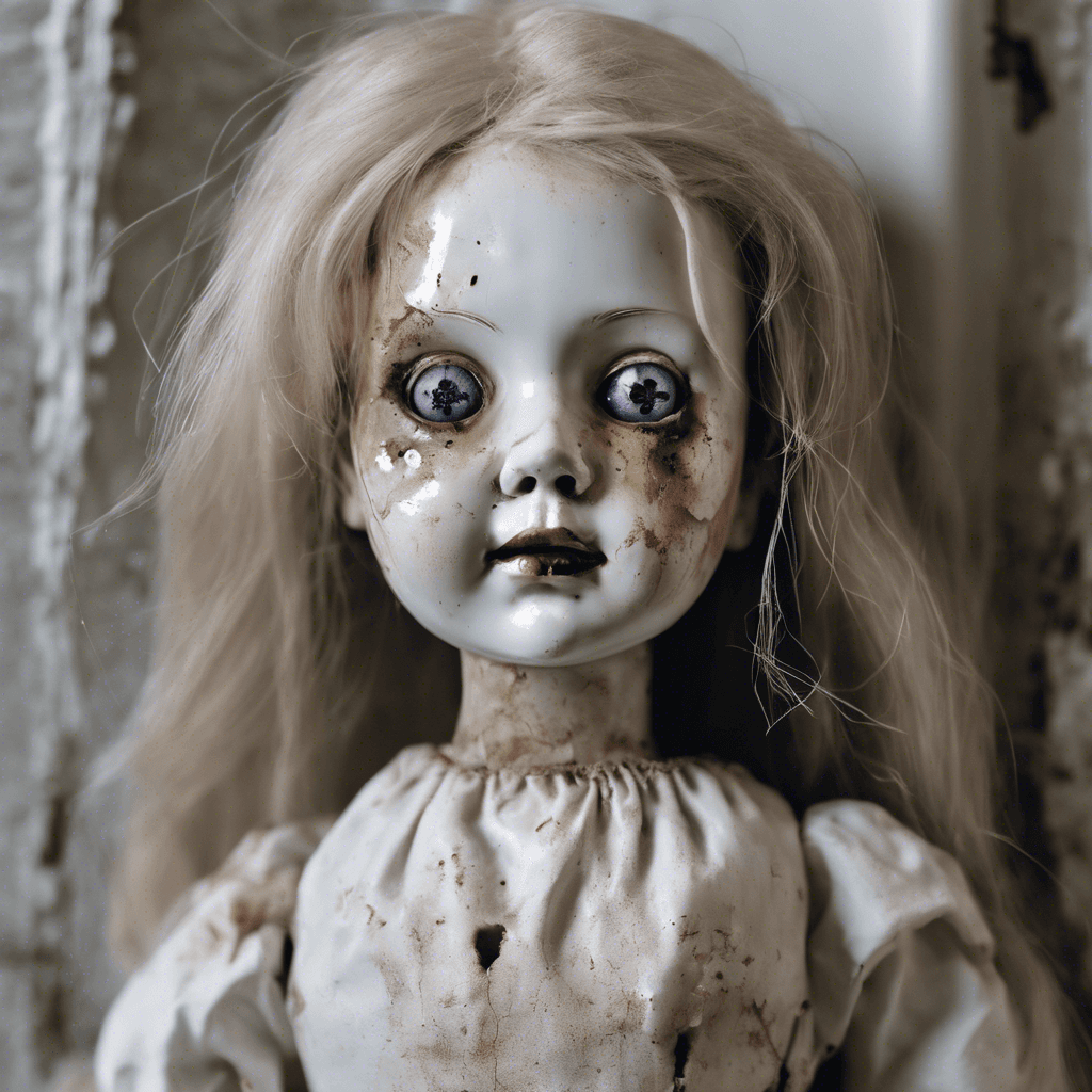 A porcelain doll with cracked paint and lifeless eyes, emitting an eerie aura. Its presence sends shivers down your spine as it moves around the room without any visible force controlling it.