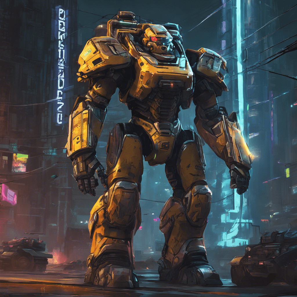 A towering presence in heavy power armor, pulsing with neon energy lines, and an arsenal of built-in weaponry.