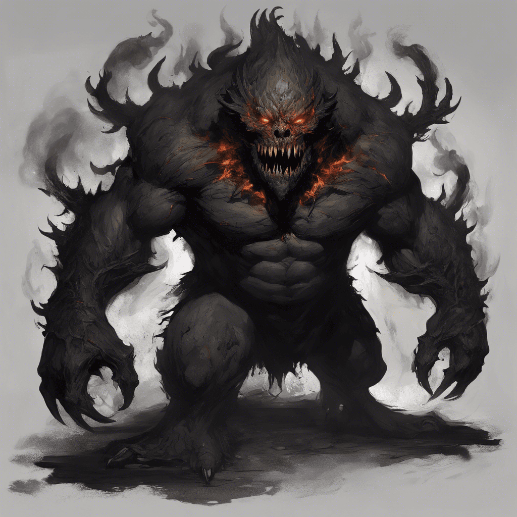 A hulking creature, wreathed in shadow and smoke, with eyes like burning coals, and claws that drip with a substance darker than tar.