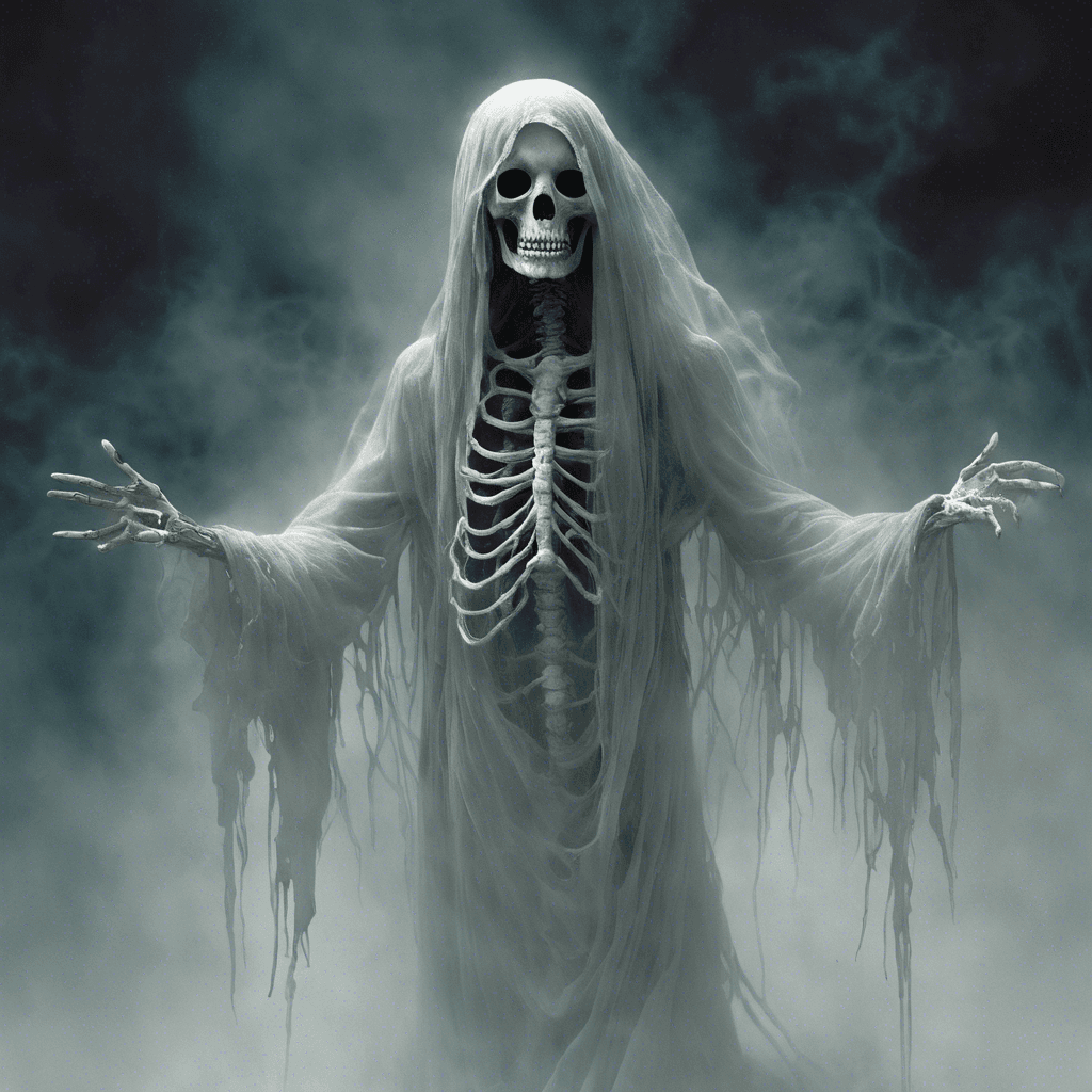 A ghostly apparition barely visible, with long, tattered robes that seem to be made of the mist itself. Its hair is wild and floats as if underwater, and its face is a ghastly mask of horror with two glowing, soulless eyes. Skeletal hands reach out, as if to pull life itself from the bodies of its victims.