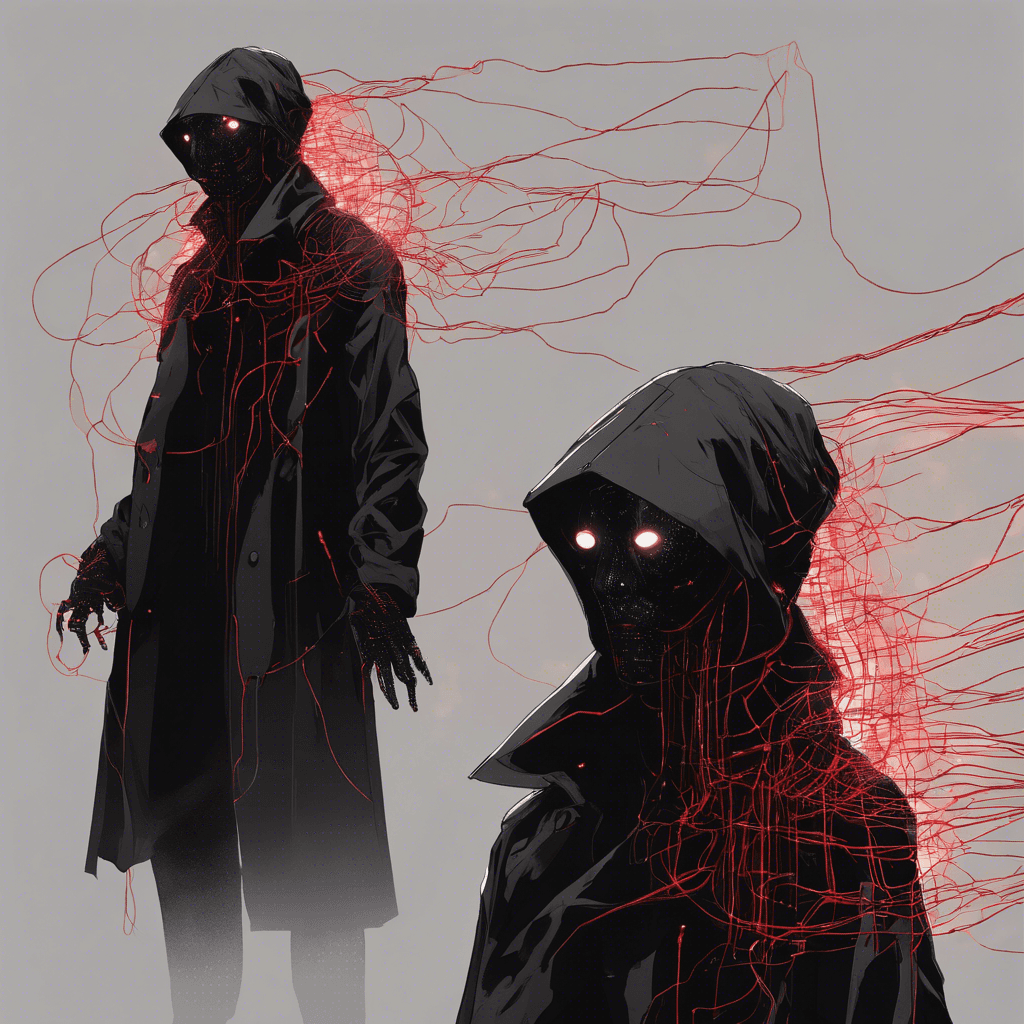 A shadowy figure draped in a black trench coat, its body flickering with rogue code and malicious algorithms. Its face remains obscured by a visor that blinks with menacing red data streams, and its hands are replaced with cables that twitch with a desire to plug into and corrupt.