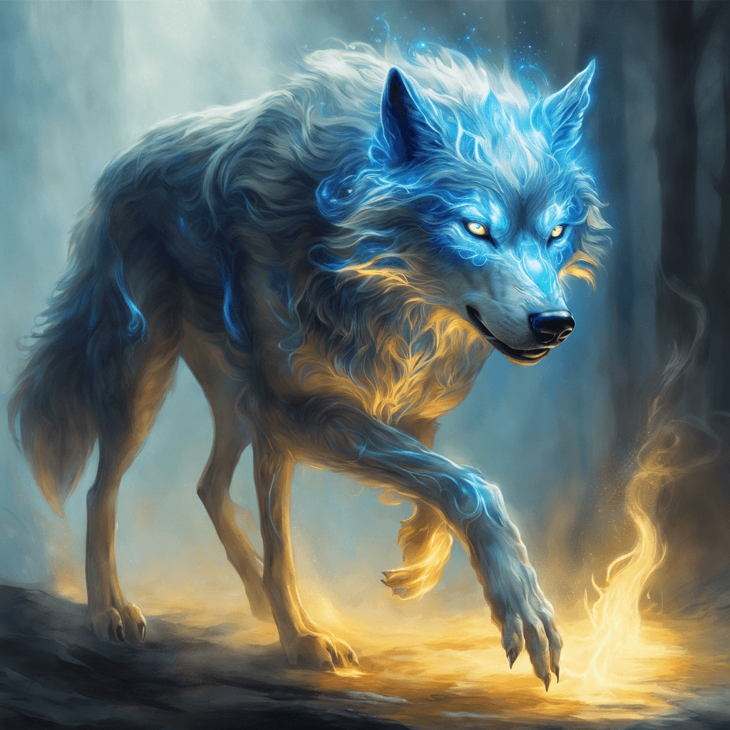 A luminescent wolf-like creature composed of mist and ethereal light, with streaks of deep blue and silver coating its incorporeal form, eyes glowing amber, and a haunting aura.