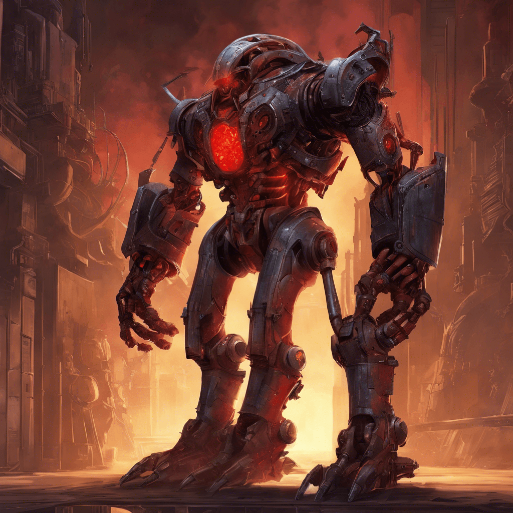 Zyphor is a towering mechanoid, its body a hulking mass of ancient and alien machinery fused together. With limbs that end in razor-sharp tools and a torso encased in spiraling metal plates, it radiates a menacing red glow from the core housed within its chest.