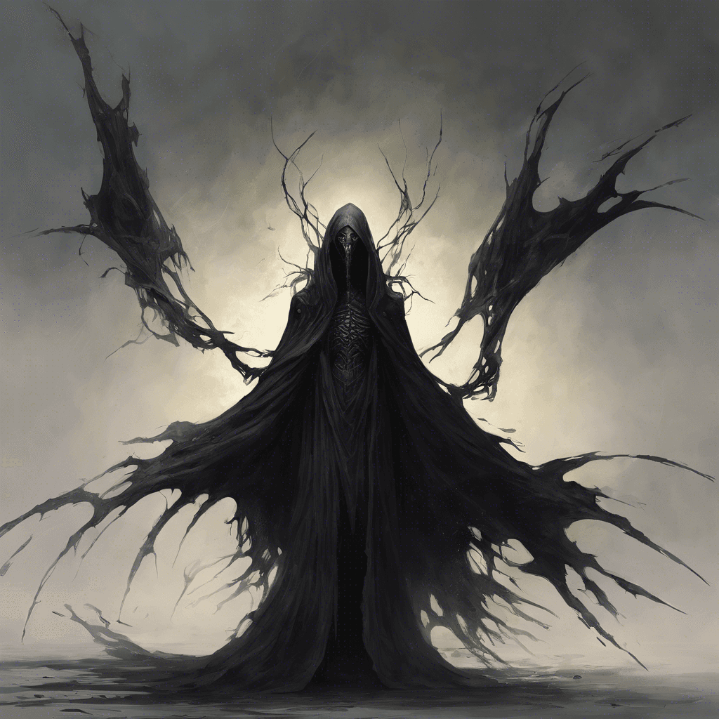 A wraith-like creature with elongated limbs, its form shrouded in tattered black robes that flutter as if in an unfelt wind. Its face is a void of darkness, save for two piercing, radiant eyes that seem to consume the light around them.