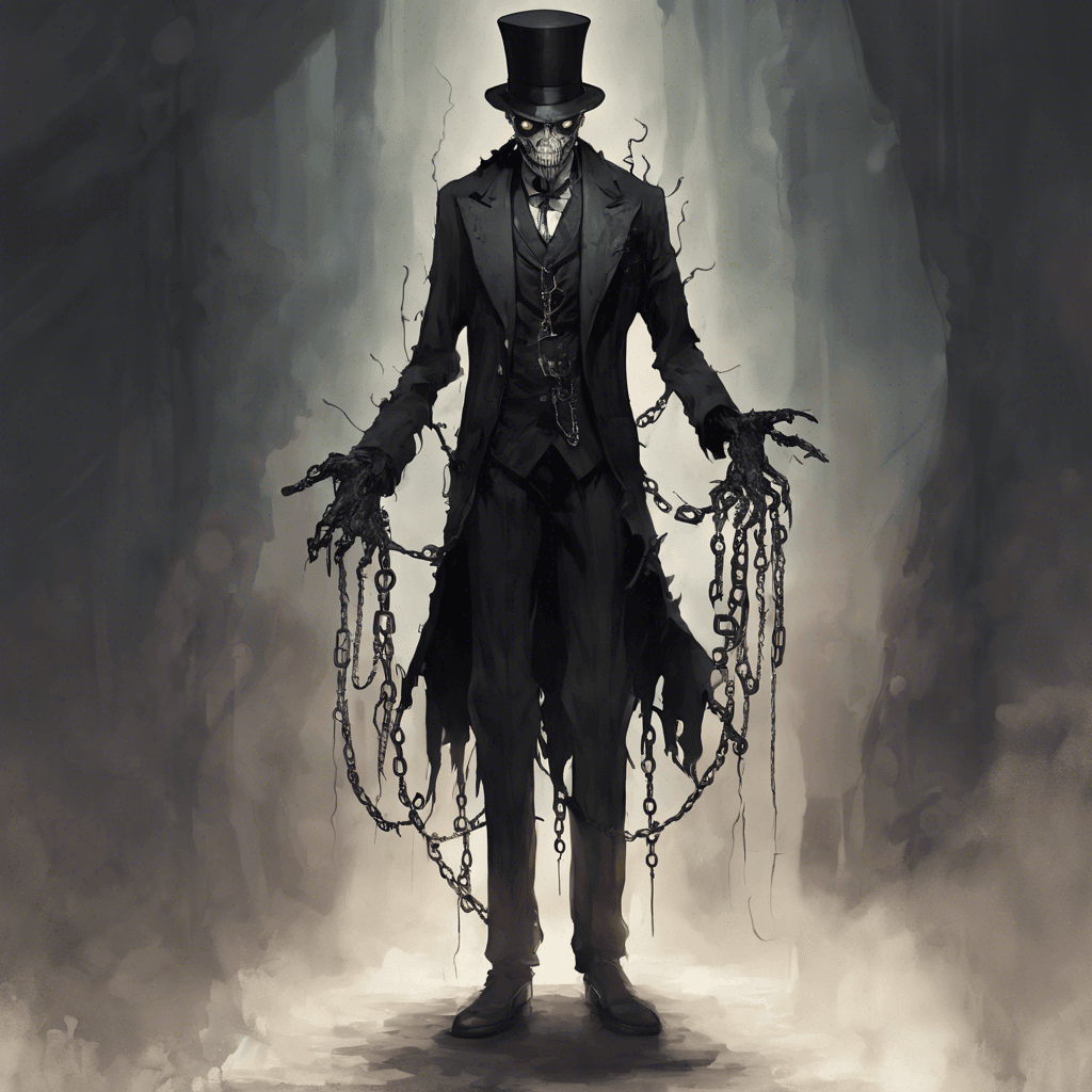 A tall, gaunt figure clad in a tattered butler's suit. Its eyes are hollow sockets with a faint, eerie light. Ghostly chains rattle as it moves, and a sinister energy seems to radiate from its form.